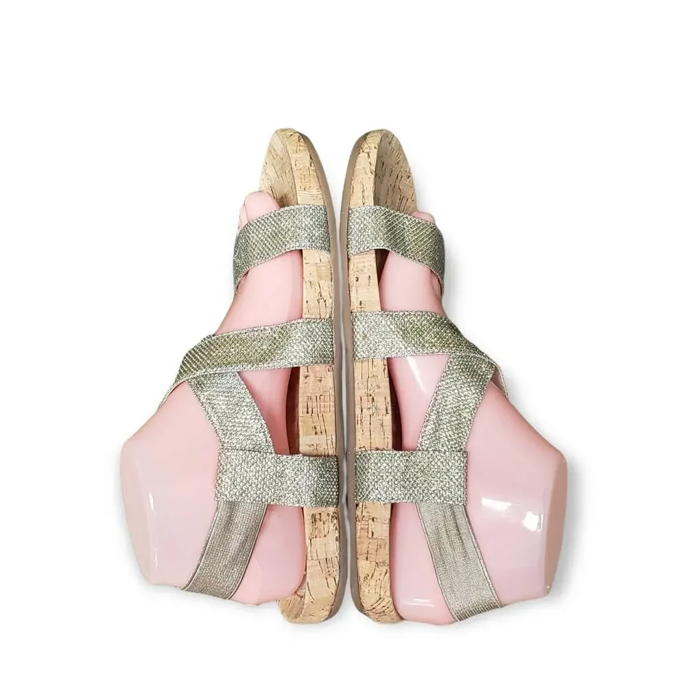 White Mountain Cork Silver & Gold Elastic Strap Open Toe Sandals Shoes  Size 9.5